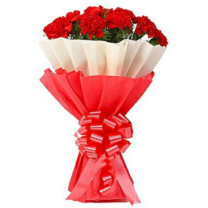 12 Red Carnations Bouquet in Red & White Paper